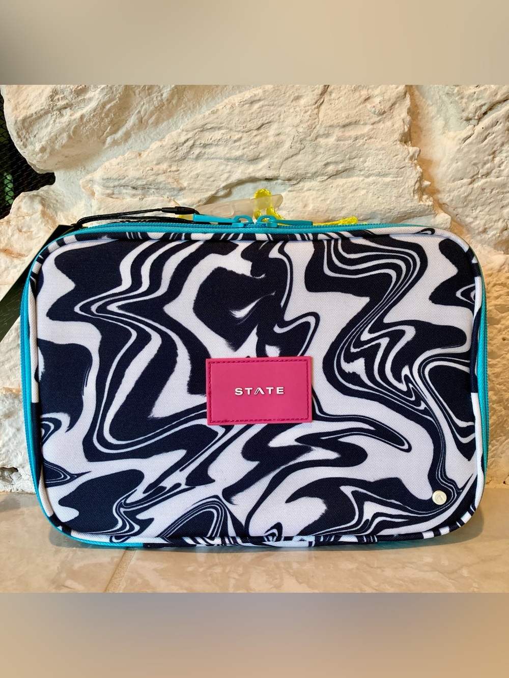 NWT State bags Rodgers lunch box in a black and white marbled print